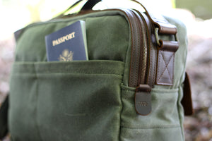 Our William Ross  weatherproof travel bag have two back pockets that have hidden zippers to hold your passport while waiting in line at the airport. No more holding your passport for two hours while carrying a back pack on your back.